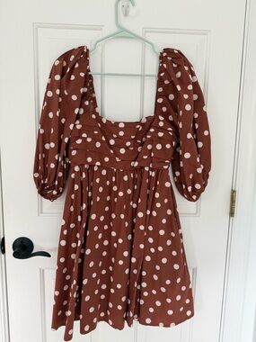 Abercrombie & Fitch Emerson Polka Dot Puff Sleeve Mini Dress - Rust with White